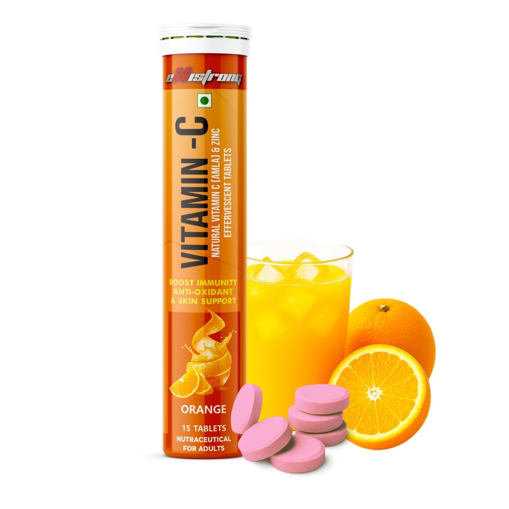 Vitamin C Effervescent Orange Flavor Tablets with Amla Extract & Zinc | Immunity Booster, Antioxidant & Energy Support | Sugar-Free, Fast Absorption and Skin Radiance (15 Tabs)