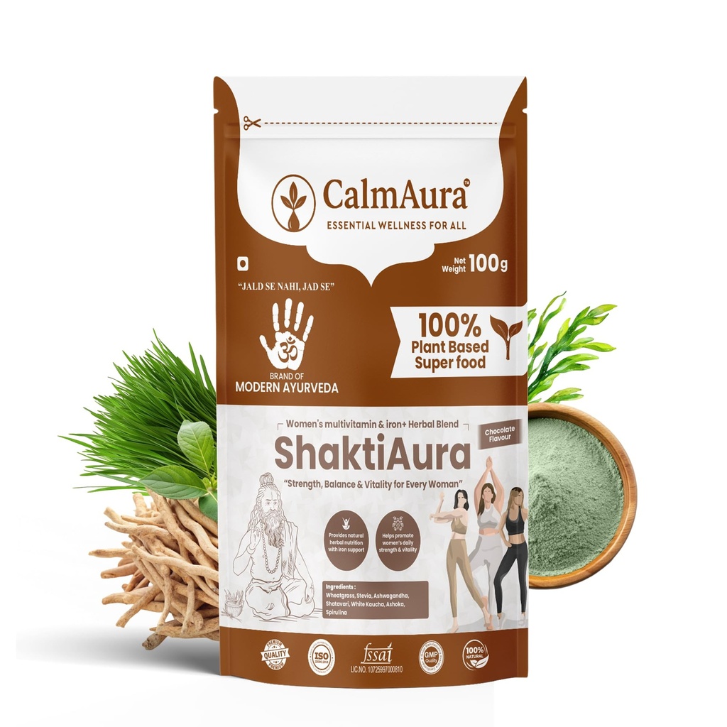 CalmAura ShaktiAura Women’s Ayurvedic Herbal Multivitamin Iron Blend Chocolate Flavour | Plant Based Nutrition for Energy Hormonal Balance Immunity | 100% Natural