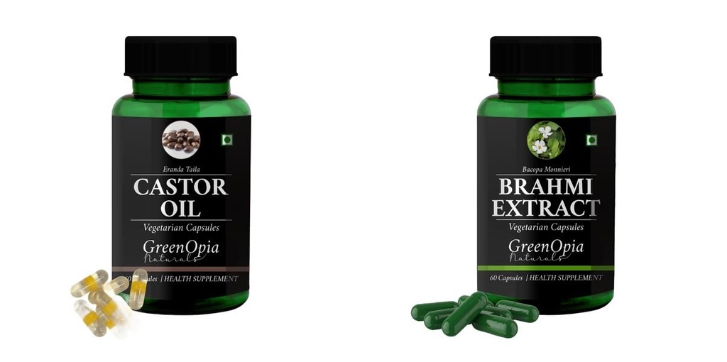 Castor-oil-vegetarian-capsules, Brahmi-vegetarian-capsules Combo | Convenient Nutrition & Wellness Routine | Multi-Product Pack
