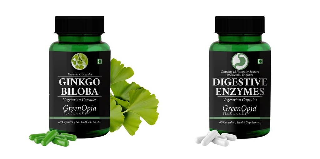 Ginkgo-biloba-vegetarian-capsules, Digestive-enzymes-60-vegetarian-capsules Combo | Convenient Nutrition & Wellness Routine | Multi-Product Pack
