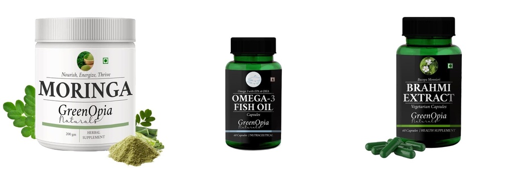Moringa-oleifera-powder, Fish-oil-capsules, Brahmi-vegetarian-capsules Combo | Convenient Nutrition & Wellness Routine | Multi-Product Pack