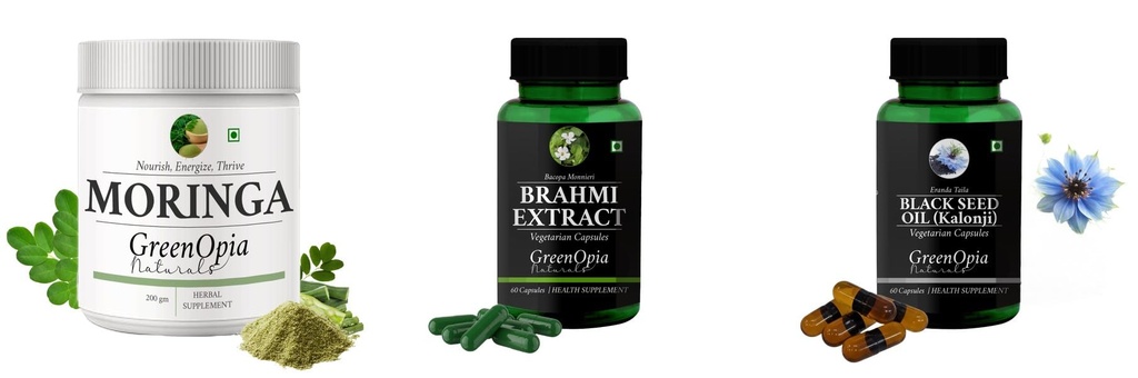 Moringa-oleifera-powder, Brahmi-vegetarian-capsules, Black-seed-oil-capsules Combo | Convenient Nutrition & Wellness Routine | Multi-Product Pack