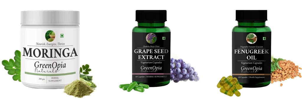 Moringa-oleifera-powder, Grape-seed-extract-60-vegetarian-capsules, Fenugreek-oil-vegetarian-capsules Combo | Convenient Nutrition & Wellness Routine | Multi-Product Pack