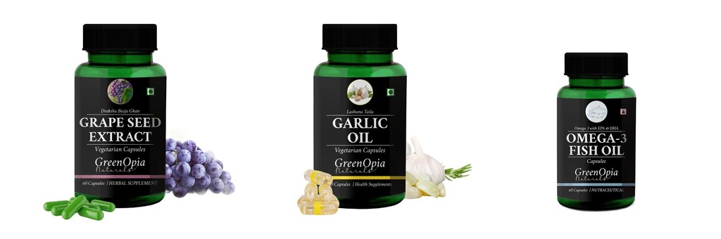 Grape-seed-extract-60-vegetarian-capsules, Garlic-oil-vegetarian-capsules, Fish-oil-capsules Combo | Convenient Nutrition & Wellness Routine | Multi-Product Pack