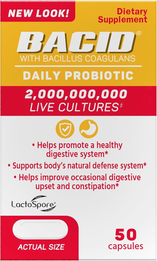 Bacid Daily Probiotic with Bacillus Coagulans, 50 Count, Digestion Supplement to Improve Occasional Constipation