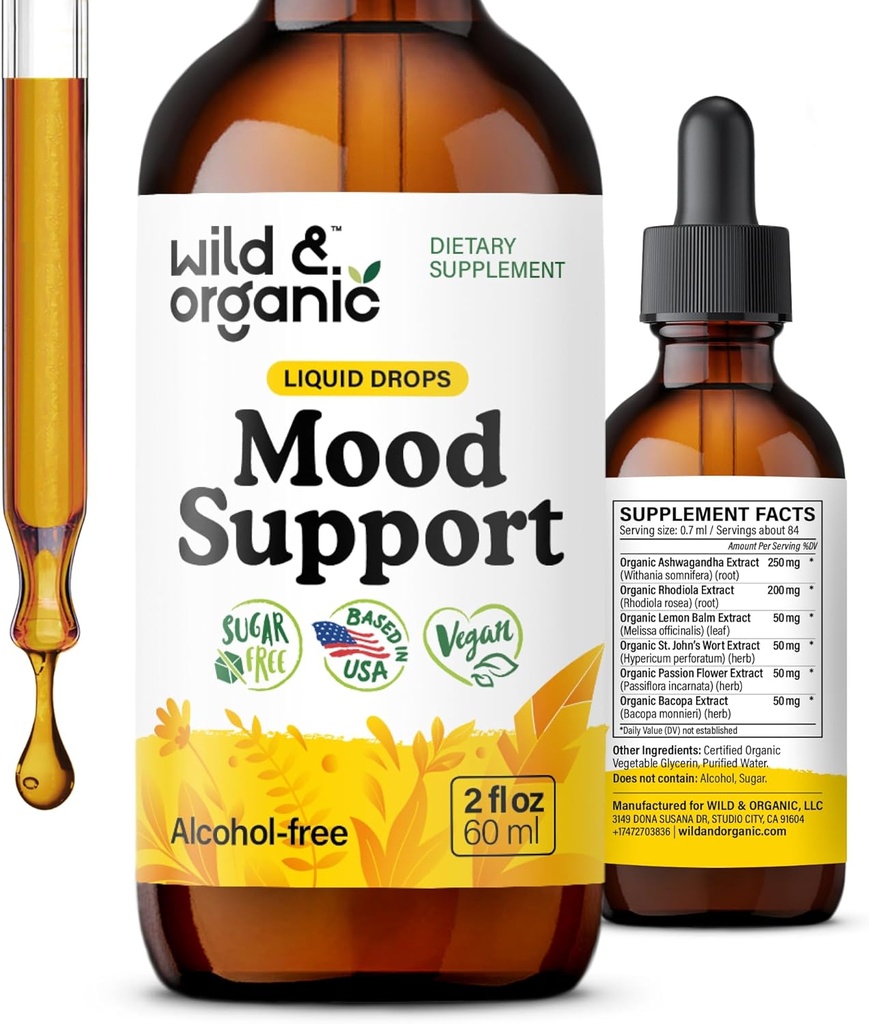 ワイルド&オーガニック気分のサポートドロップ - 良い気分はw / Ashwagandhaルート&Rhodiola roseaを補います - 肯定的なエネルギーのための天然液体ドロップ - カルムと女性と男性のためのサプリメントをリラックス - 2オンス