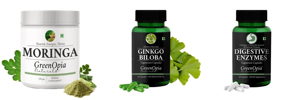 Moringa-oleifera-powder, Ginkgo-biloba-vegetarian-capsules, Digestive-enzymes-60-vegetarian-capsules Combo | Convenient Nutrition & Wellness Routine | Multi-Product Pack