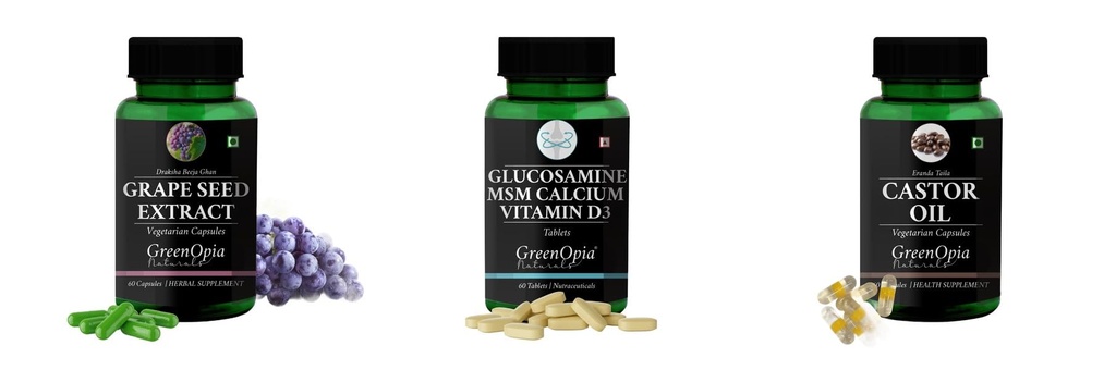 Grape-seed-extract-60-vegetarian-capsules, Glucosamine-msm-tablets, Castor-oil-vegetarian-capsules Combo | Convenient Nutrition & Wellness Routine | Multi-Product Pack