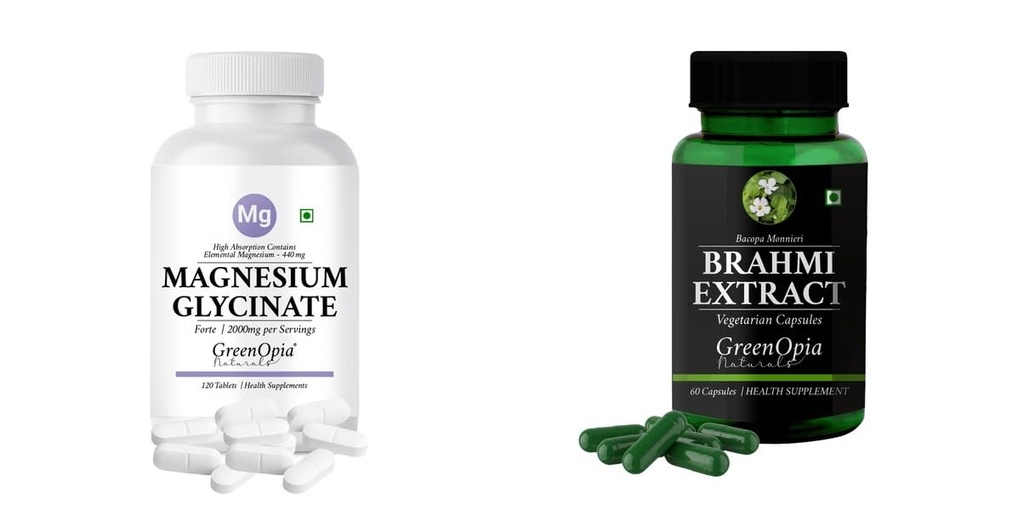 Magnesium-glycinate-forte-tablets, Brahmi-vegetarian-capsules Combo | Convenient Nutrition & Wellness Routine | Multi-Product Pack