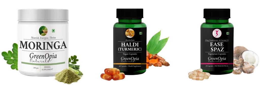 Moringa-oleifera-powder, Haldi-oil-vegetarian-capsules, Ease-spaz-vegetarian-capsules Combo | Convenient Nutrition & Wellness Routine | Multi-Product Pack