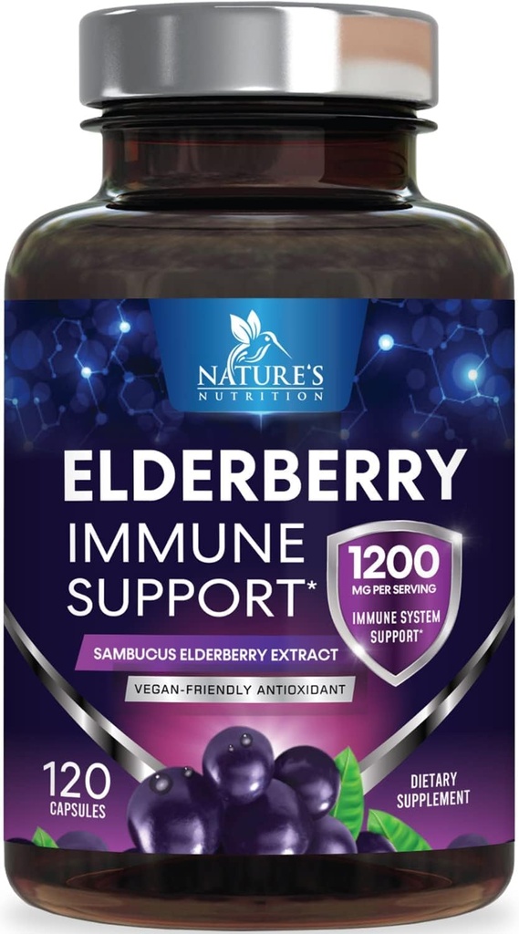 エルダーベリー免疫サポート1200mg - 濃縮サムブカスブラックエルダーベリーエキス - 抗酸化ビタミンサプリメント、グルテンフリー、米国でボトル入り - 120カプセル