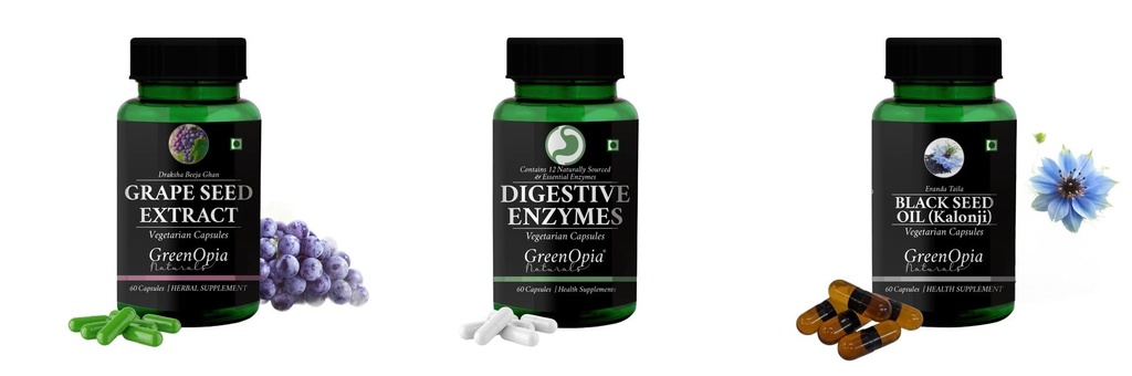 Grape-seed-extract-60-vegetarian-capsules, Digestive-enzymes-60-vegetarian-capsules, Black-seed-oil-capsules Combo | Convenient Nutrition & Wellness Routine | Multi-Product