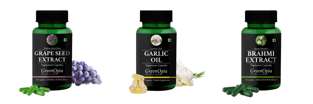Grape-seed-extract-60-vegetarian-capsules, Garlic-oil-vegetarian-capsules, Brahmi-vegetarian-capsules Combo | Convenient Nutrition & Wellness Routine | Multi-Product Pack