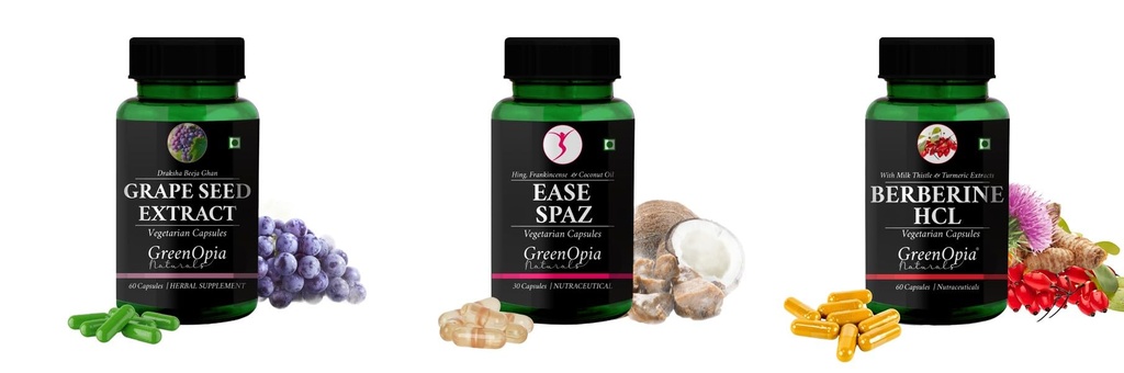 Grape-seed-extract-60-vegetarian-capsules, Ease-spaz-vegetarian-capsules, Berberine-hcl-vegetarian-capsules Combo | Convenient Nutrition & Wellness Routine | Multi-Product P