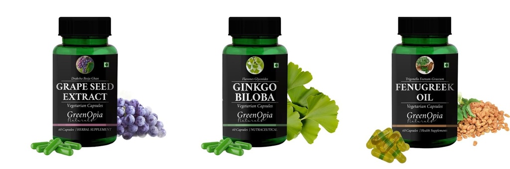 Grape-seed-extract-60-vegetarian-capsules, Ginkgo-biloba-vegetarian-capsules, Fenugreek-oil-vegetarian-capsules Combo | Convenient Nutrition & Wellness Routine | Multi-Produ