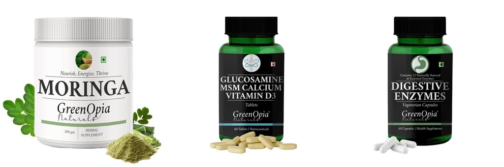 Moringa-oleifera-powder, Glucosamine-msm-tablets, Digestive-enzymes-60-vegetarian-capsules Combo | Convenient Nutrition & Wellness Routine | Multi-Product Pack