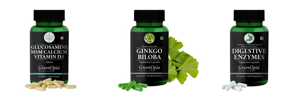 Glucosamine-msm-tablets, Ginkgo-biloba-vegetarian-capsules, Digestive-enzymes-60-vegetarian-capsules Combo | Convenient Nutrition & Wellness Routine | Multi-Product Pack