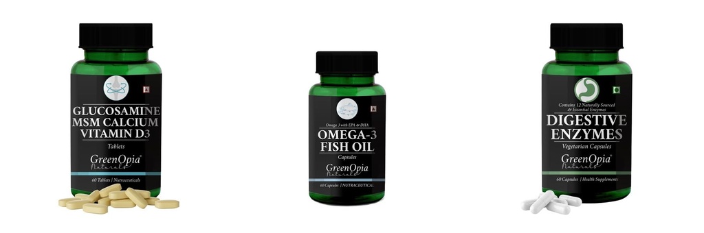 Glucosamine-msm-tablets, Fish-oil-capsules, Digestive-enzymes-60-vegetarian-capsules Combo | Convenient Nutrition & Wellness Routine | Multi-Product Pack