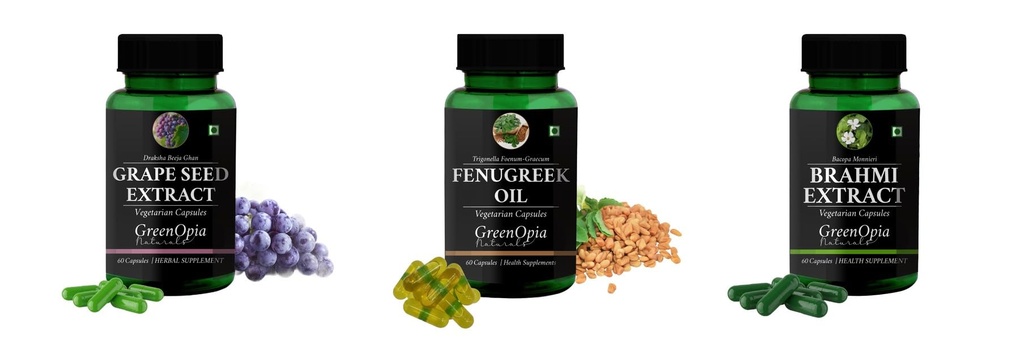 Grape-seed-extract-60-vegetarian-capsules, Fenugreek-oil-vegetarian-capsules, Brahmi-vegetarian-capsules Combo | Convenient Nutrition & Wellness Routine | Multi-Product Pack