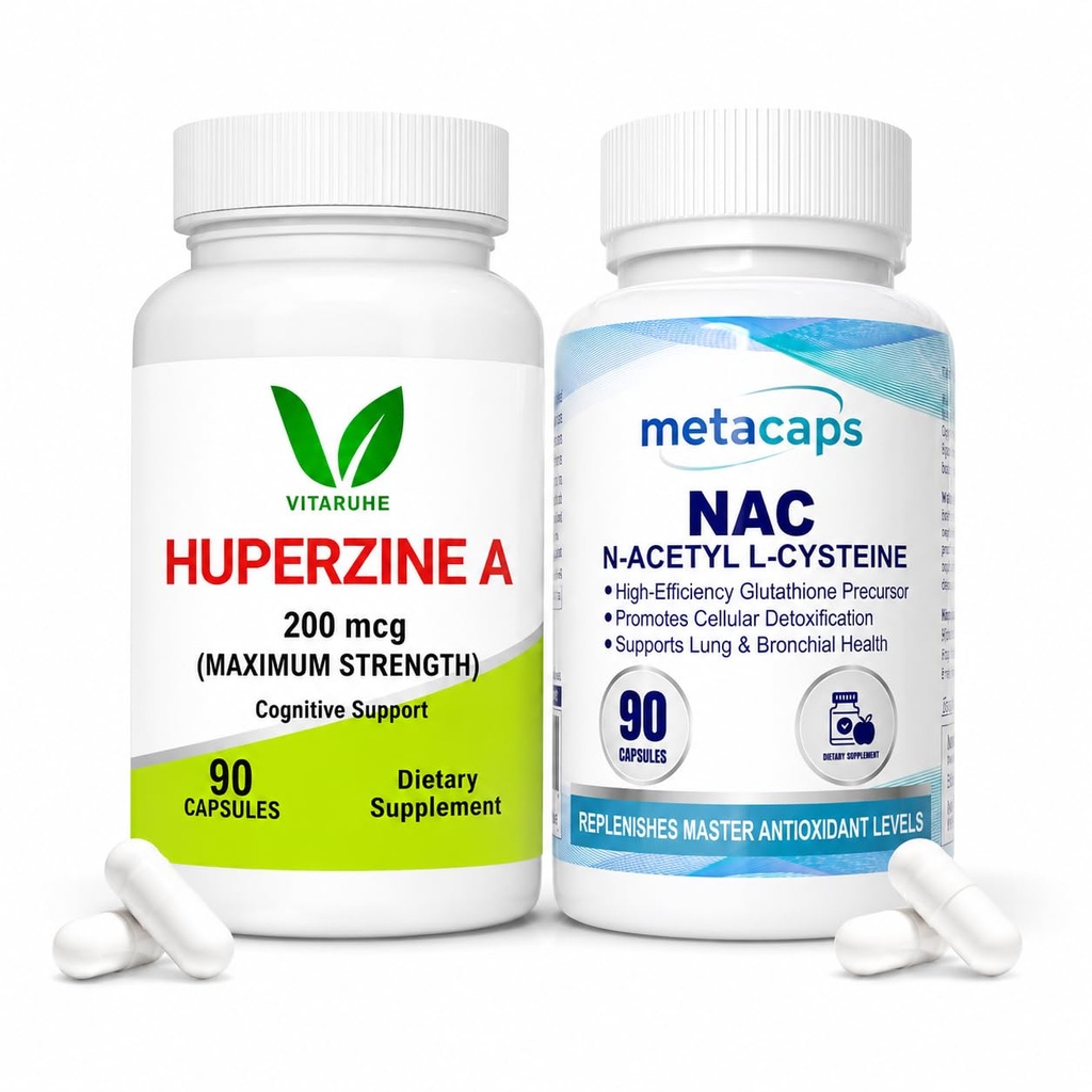 Vitaruhe Huperzine A 200mcg + Metacaps NAC (N-Acetyl L-Cysteine) Bundle | Cognitive Performance, Memory, Focus, Antioxidant, Detox & Cellular Health Support | 90 Capsules Each