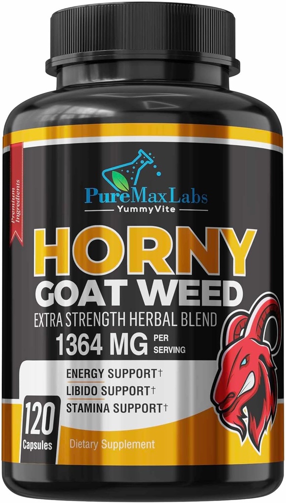 Horny Goat Weed Extra Strength Blend, 120 Capsules, w. Maca, Arginine, Ginseng, Tribulus, Tongkat, Libido, Stamina, Energy Support, Non-GMO Formula, 120 Caps