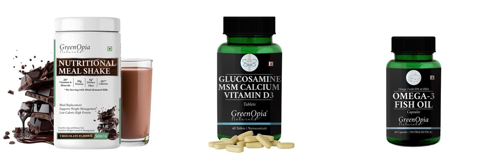 Nutritional-meal-shake-chocolate, Glucosamine-msm-tablets, Fish-oil-capsules Combo | Convenient Nutrition & Wellness Routine | Multi-Product Pack
