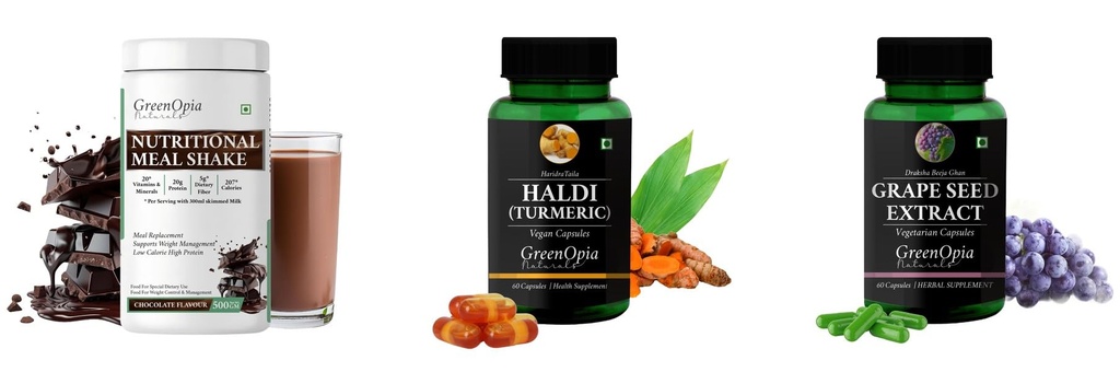 Nutritional-meal-shake-chocolate, Haldi-oil-vegetarian-capsules, Grape-seed-extract-60-vegetarian-capsules Combo | Convenient Nutrition & Wellness Routine | Multi-Product Pa