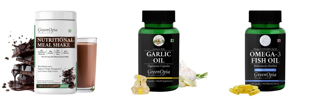 Nutritional-meal-shake-chocolate, Garlic-oil-vegetarian-capsules, Fish-oil-double-strength Combo | Convenient Nutrition & Wellness Routine | Multi-Product Pack