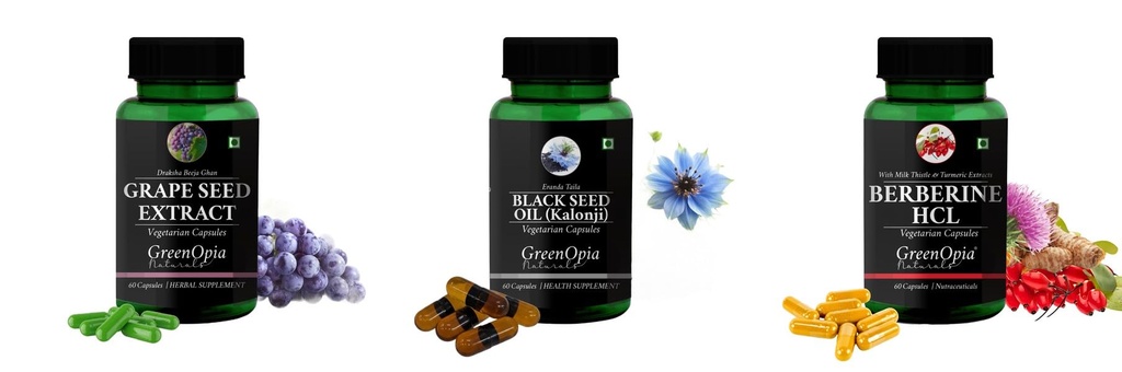 Grape-seed-extract-60-vegetarian-capsules, Black-seed-oil-capsules, Berberine-hcl-vegetarian-capsules Combo | Convenient Nutrition & Wellness Routine | Multi-Product Pack