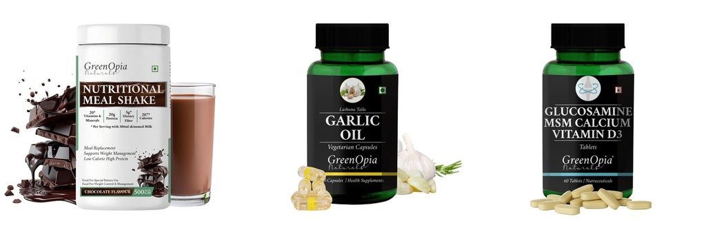 Nutritional-meal-shake-chocolate, Garlic-oil-vegetarian-capsules, Glucosamine-msm-tablets Combo | Convenient Nutrition & Wellness Routine | Multi-Product Pack
