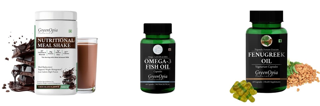 Nutritional-meal-shake-chocolate, Fish-oil-capsules, Fenugreek-oil-vegetarian-capsules Combo | Convenient Nutrition & Wellness Routine | Multi-Product Pack