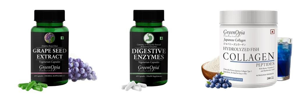 Grape-seed-extract-60-vegetarian-capsules, Digestive-enzymes-60-vegetarian-capsules, Marine-collagen-peptides-powder-blueberry Combo | Convenient Nutrition & Wellness Routin
