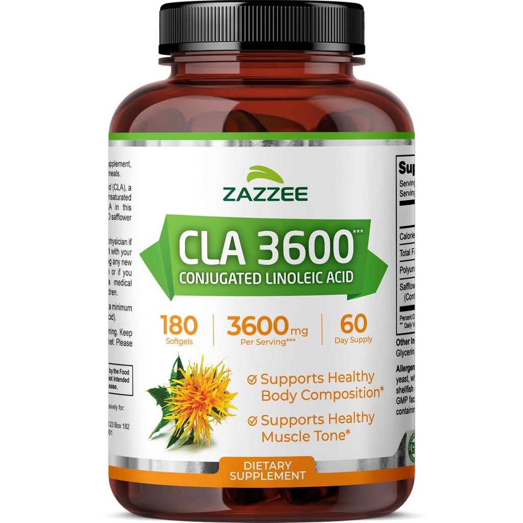 Zazzeeの高い効力CLA 3600、180のSoftgels、サーフワリ油、集中し、標準化される60日の供給、非GMOおよび米国でなされるコンジュグレーションされたリン酸