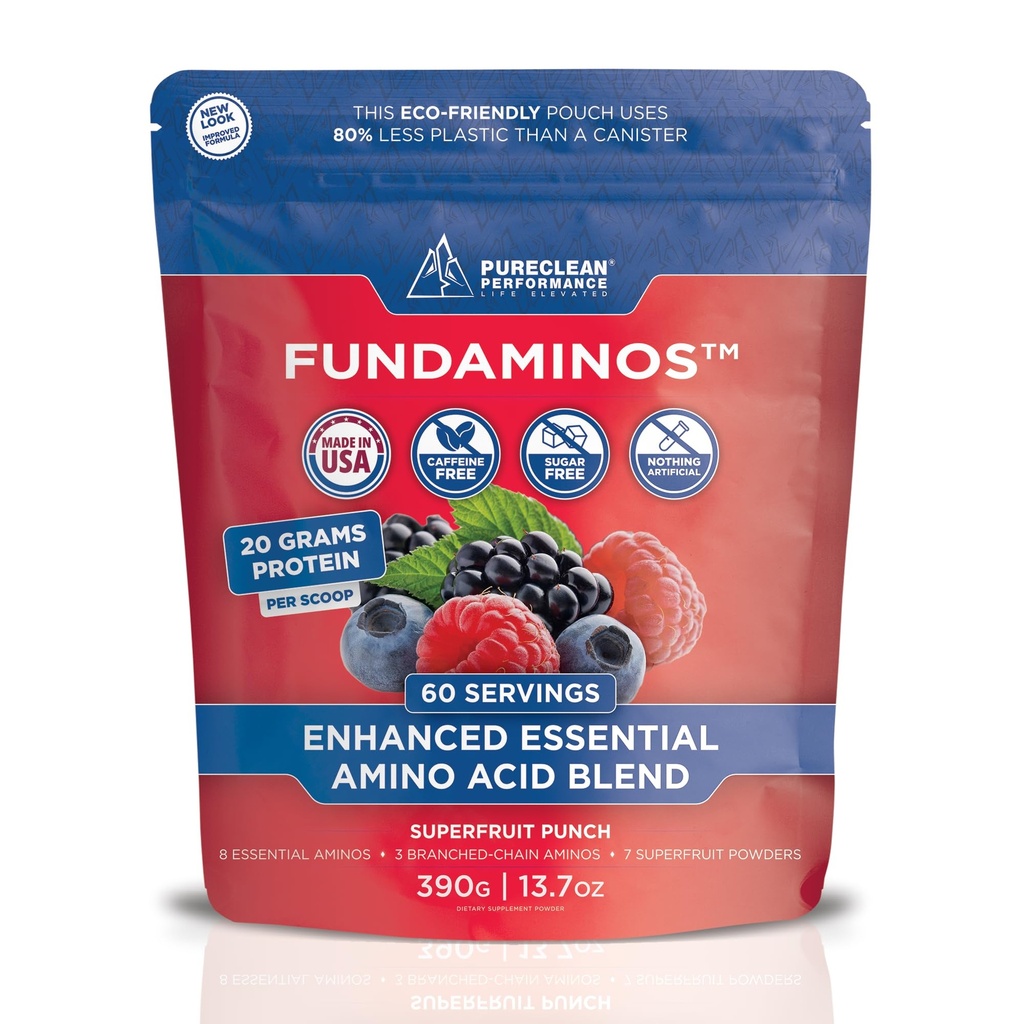 ファンダミノ EAA + BCAA アミノ酸パウダー | オーガニック、ヴィーガン、プラントベース | 毎日の栄養に完全エッセンシャルアミノ | 最適化されたタンパク質の活用 | スーパーフルーツのブレンドをリフレッシュ - 60 サービング