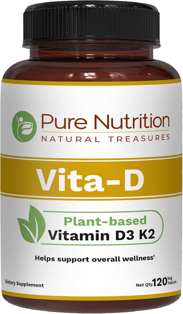 Pure Nutrition Vita D3 K2 - Plant Based Vitamin D3 K2 Supplement | 120 Tabs | Vitamin D3 6000 IU | Vitamin K2 as MK7 100mcg | Vitamin K2 D3 | Non GMO |