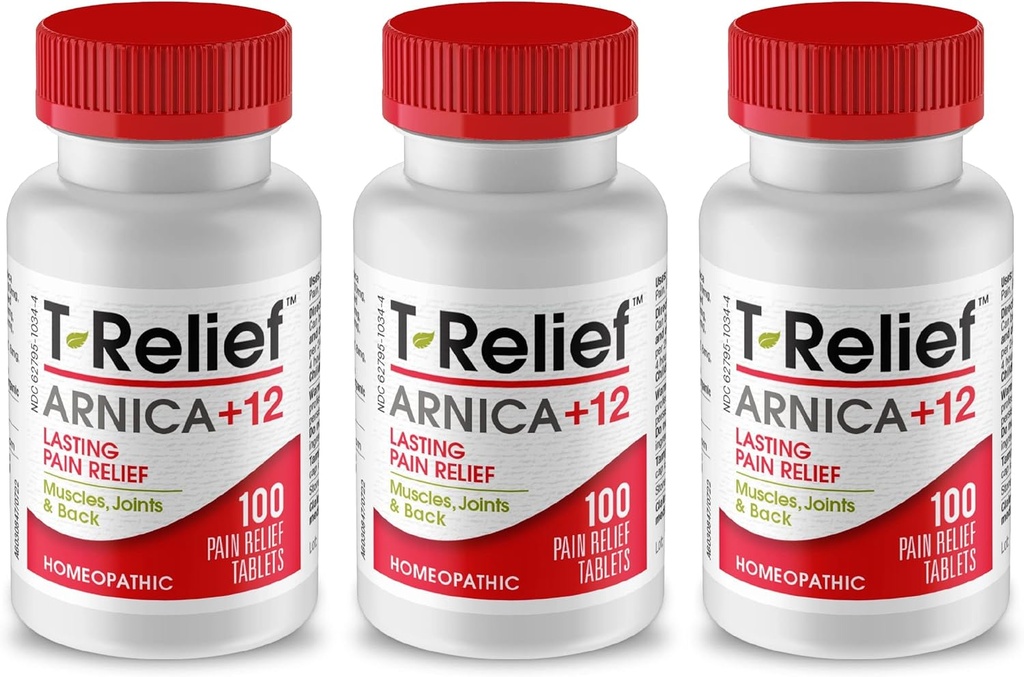 T-Relief Arnica +12 Natural Relieving Actives for Back Pain Joint Soreness Muscle Aches & Stiffness, Whole Body Fast Acting Relief for Women & Men - 100 Tablets (3 Pack)