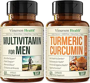 Vimerson Health Men's Multivitamin + 黒胡椒エキスバンドル付きターメリッククルクミン。 接合箇所および免疫サポート、不快な救助、HIMのための酸化防止の特性