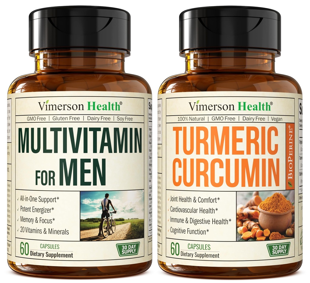 Vimerson Health Men's Multivitamin + 黒胡椒エキスバンドル付きターメリッククルクミン。 接合箇所および免疫サポート、不快な救助、HIMのための酸化防止の特性