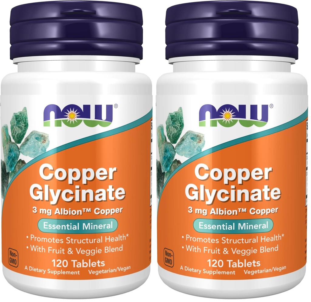 NOWは3mg Albionの銅と、銅のGlycinateを補います、構造健康を促進します*、120のタブレット、軽い灰色、タン(2のパック)