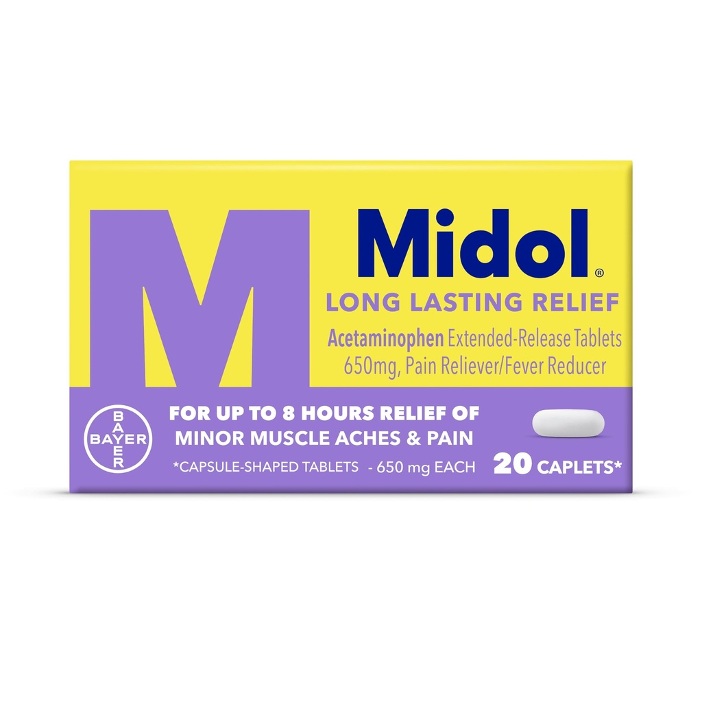 Midol の長続きがする救助 20ct: 中間の長続きがする救助、月経の Symptom の Reliever 及び Fever の減力剤、月経の痛みの軽減のための Acetaminophen の小冊子- 20 の計算(包装の 5 月 Vary)