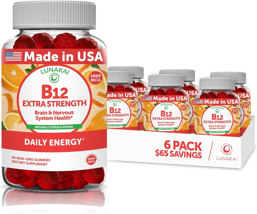 Vitamin B12 Gummies for Adults - Tastiest Proprietary Formula - 3000mcg Methyl B-12 High Absorption Energy Gummies - Non-GMO Vegan Vit B12 - Chewable B 12 for Energy Support and Bone Health - 6 Pack