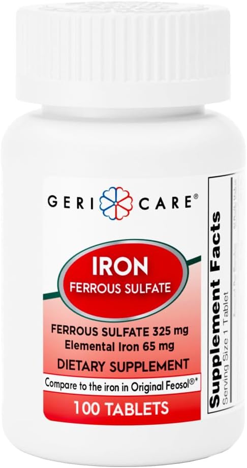 GeriCare Ferrous Sulfate Tablets 325mg, Elemental Iron 65 mg High Potency Iron Supplement | Dietary Supplement 100 Count. (Pack of 1)
