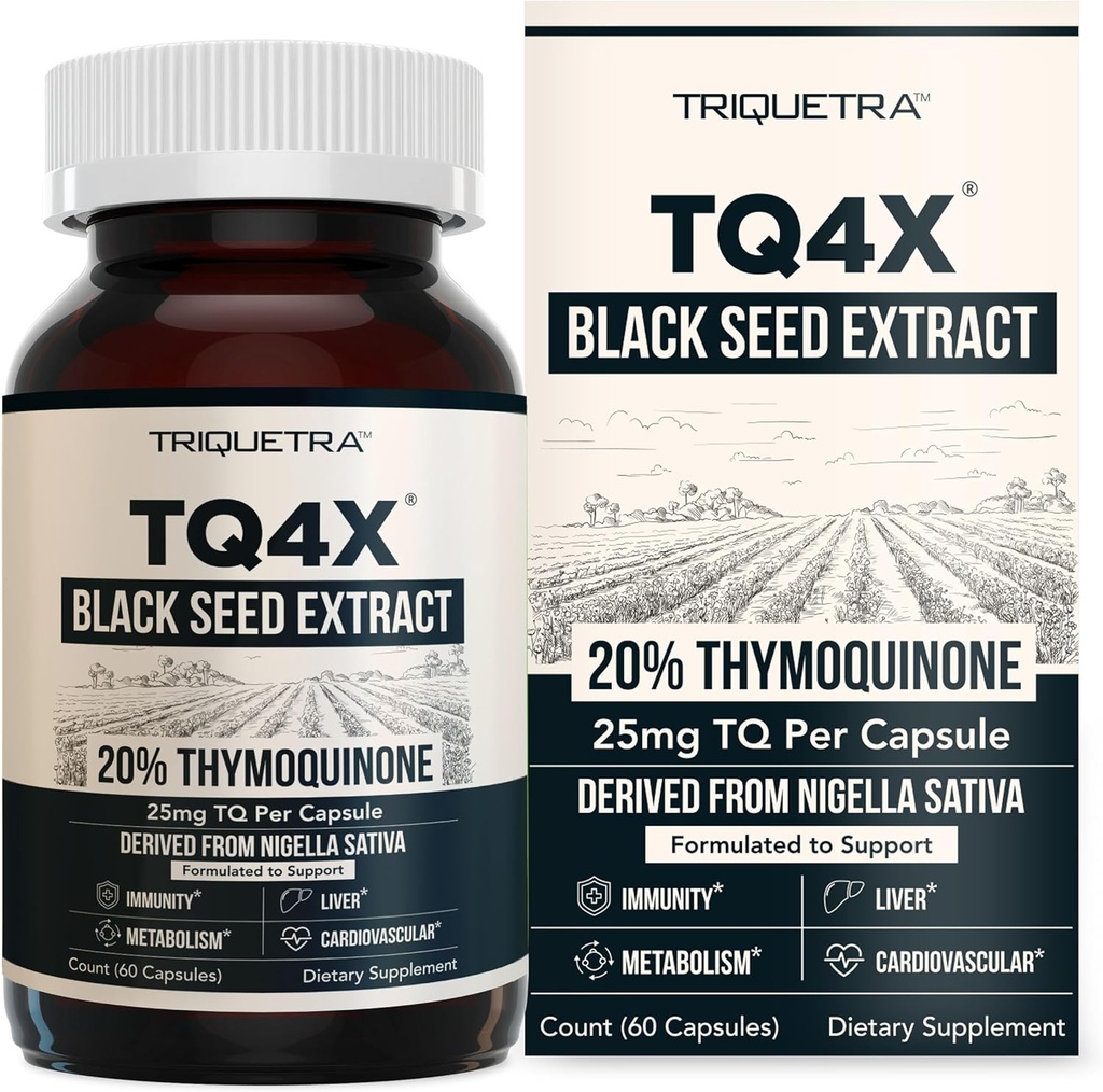 20% Thymoquinone Black Seed Oil Extract Capsules - TQ-Advanced 4X®: Potent Thymoquinone Concentration Available - 60:1 Concentrate from Nigella Sativa, Raw Form, Vegan, Glass Bottle (60 Capsules)