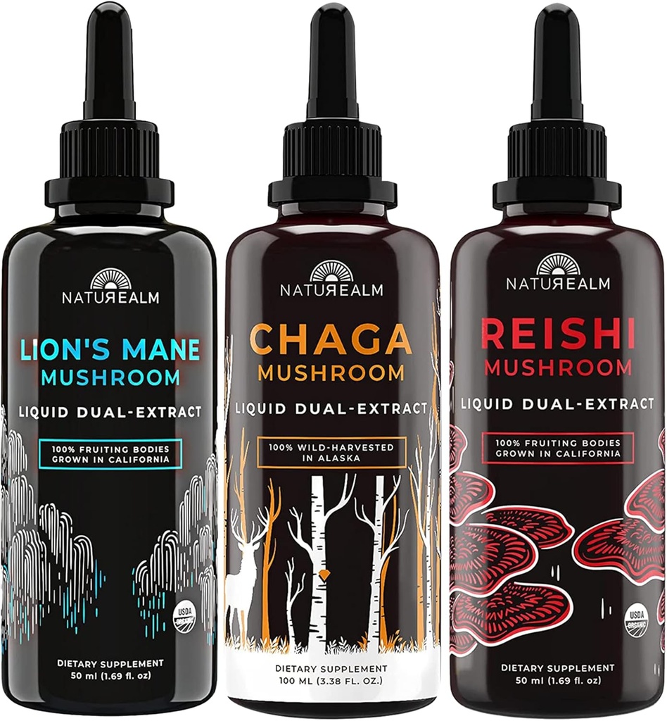 Naturealmのライオンのマネ、Reishi、及びチャガのマッシュルームのエキス - 焦点、免除、長寿、腸の健康、反老化、エネルギー、癒やすことのための適応物質の積み重ね - 有機性液体の低下 - 50 の mL 各(3のパック)