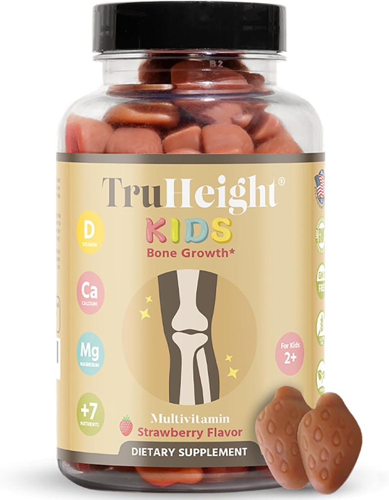 TruHeightキッズボーン成長グミー(イチゴ、年齢2 +)すべての自然キッズ&トドルビタミン - ビタミンD、カルシウム、K、マグネシウムマルチビタミン、成長&開発、強力な骨、D3 K2、ビーガン