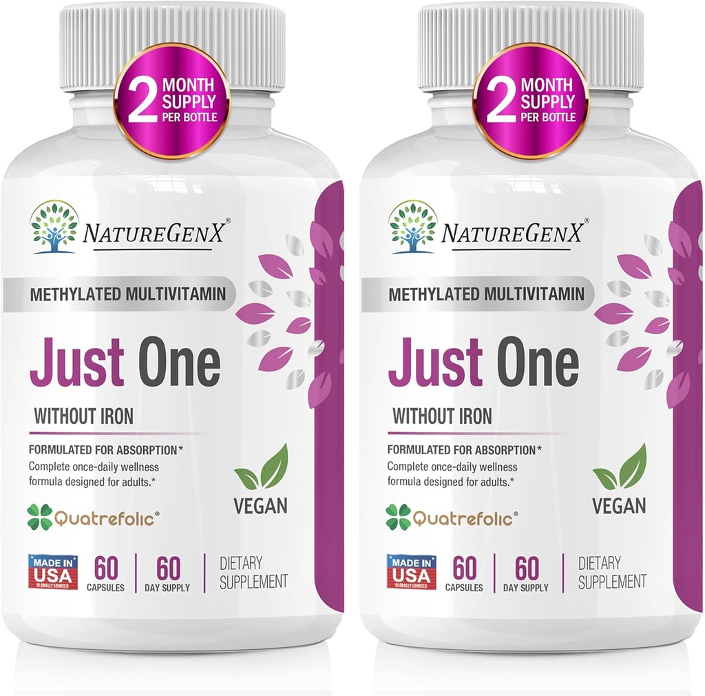 メチルB12、Quatrefolic Methylfolate、鉄のない人および女性のための純粋なMTHFRの補足、2本のびん(60のビーガン カプセル)、米国人造が付いているちょうど1毎日のメチル化されたMultivitamin
