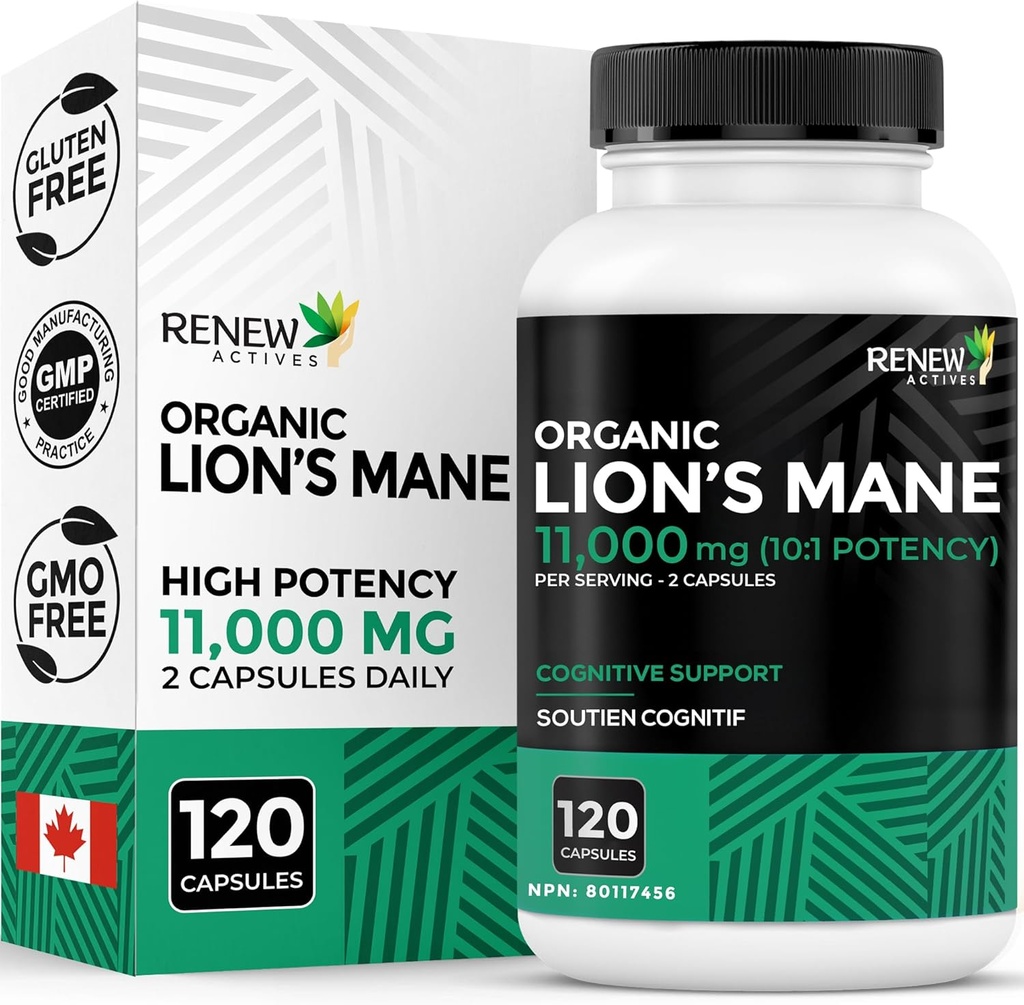 Renew Actives Premium Organic Lion's Mane Mushroom 1100MG per 2 Capsules - Supports Brain Function, Memory, Focus, Stress Relief & Immune Health, Non-GMO, Vegan - Made in Canada - 120 Capsules