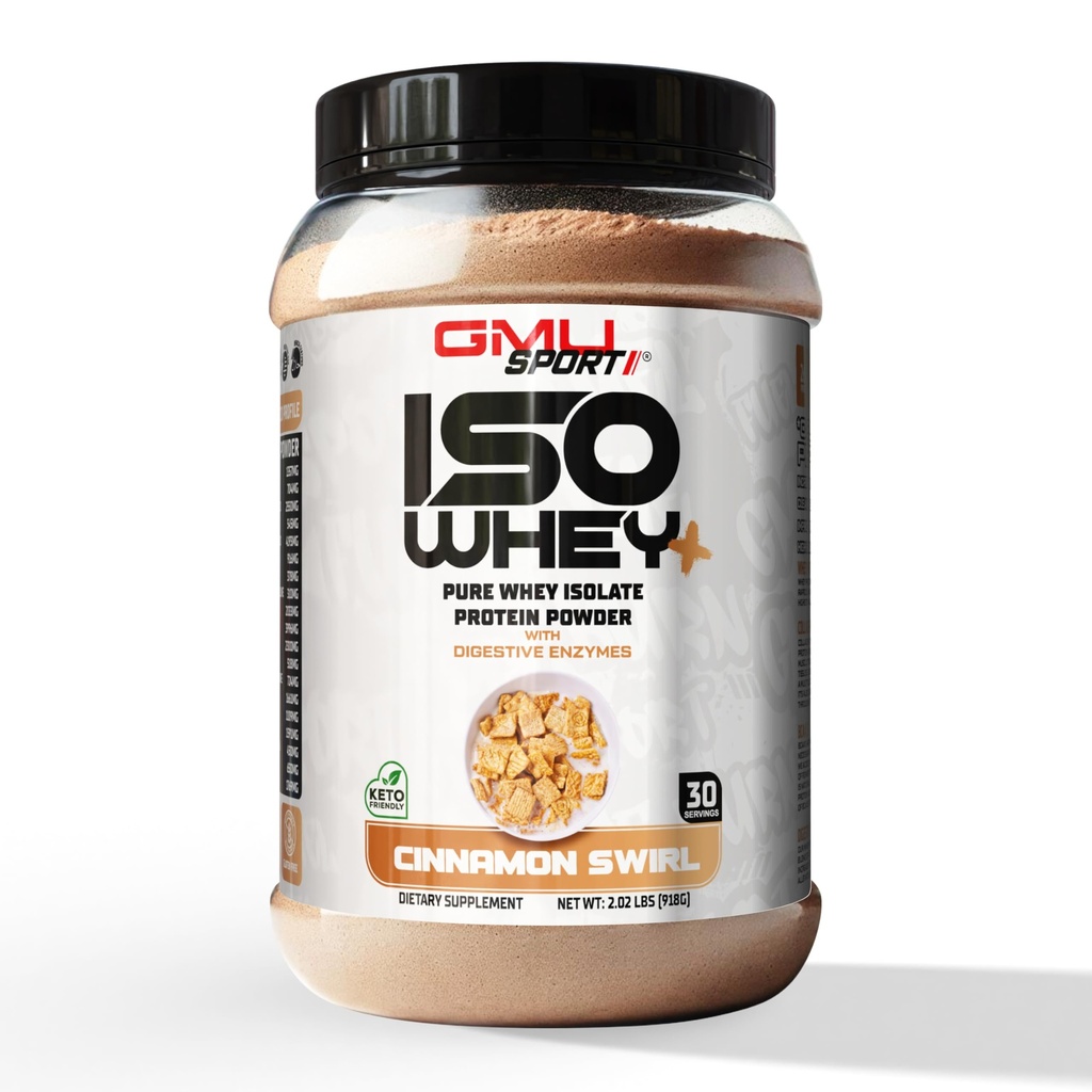 GMU SPORT - 100% Wheyプロテインアイソレートパウダー - 2 LBウィーイソレートプロテインパウダーとコラーゲンペプチド、消化酵素&BCAA - タンパク質粉末30サービング - シナモン渦