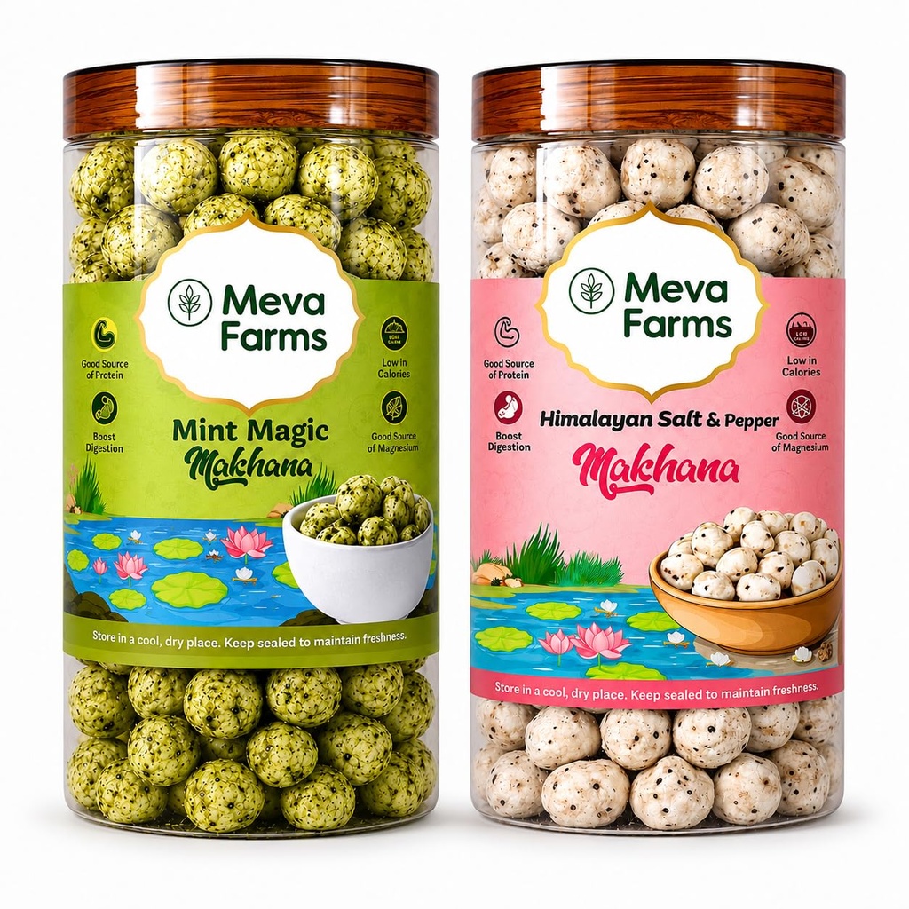 Meva Farms Mint Magic Roasted Makhana 70g & Himalayan Salt & Pepper Roasted Makhana 70g (140g) | Combo Pack | Healthy Snack | High Protein, Low Calorie | Gluten Free | Roasted Lotus Seeds | No Palm Oil