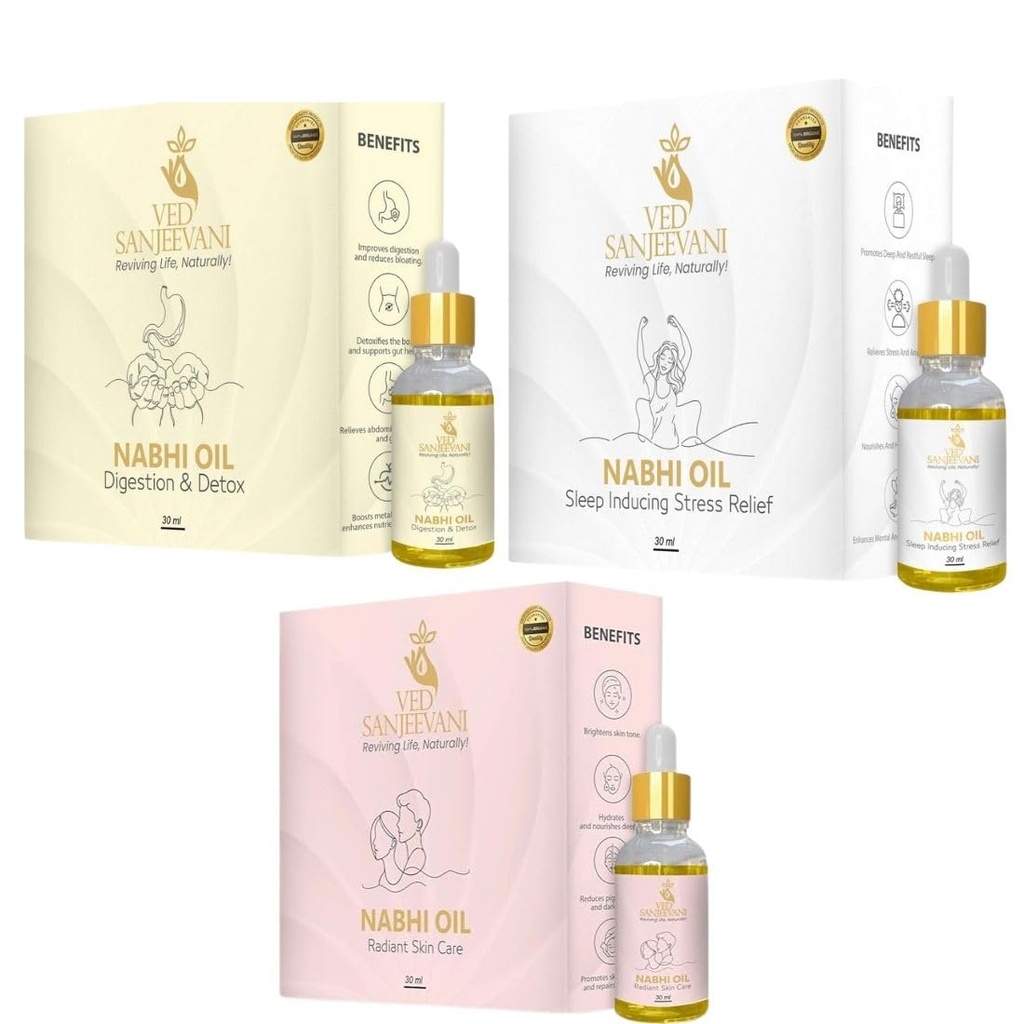 Ved Sanjeevani Wellness Trio – Digestion & Detox, Sleep Inducing, and Radiant Skin Care Oils | Ayurvedic Daily Use Pack of 3